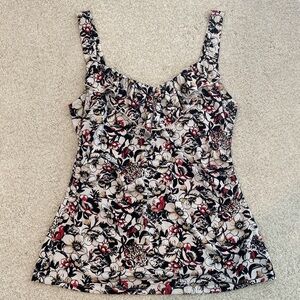 White House/Black Market Floral Ruffle Tank, white/black/rose/tan, medium